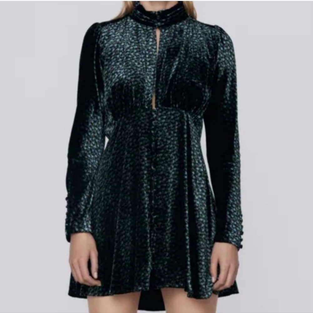 ZARA  NWT Elegant  Peacock Blue-Green Velvet Long Sleeve Dress Size XS